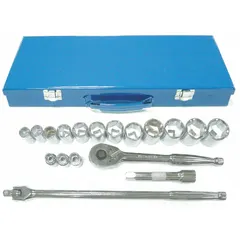This 18-piece SAE socket set includes 6-point standard sockets ranging from 3/8 in to 1-1/4 in with a 1/2 in drive. The set contains drive tools for tightening and loosening fasteners in automotive repair, machinery maintenance, and general assembly applications.