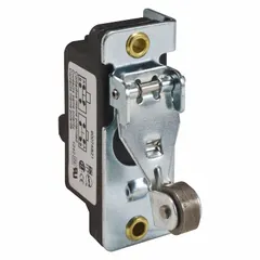 Snap-action switch with roller lever actuator for position sensing and limit control in industrial machinery. Features 1 normally open and 1 normally closed contact configuration with screw-type electrical connection. Rated for 5 A at 600 V AC.