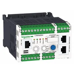Motor management system for monitoring, protection, and control of three-phase motors. Rated 0.4 A to 8 A with 100-240V AC control supply. Communicates via Modbus protocol for integration with PLCs and SCADA systems. Suitable for industrial automation applications requiring overload protection and current measurement.