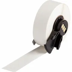 Continuous label roll measuring 1/2 in x 50 ft, made of clear gloss polyester for indoor use. Compatible with BMP61 printer series. Used for on-demand labeling of equipment, panels, and cables in industrial and facility management applications.