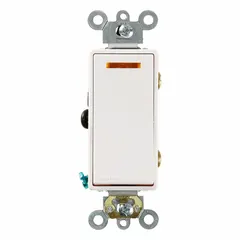 This 3-way rocker switch allows control of a single load from two locations, such as stairways or hallways. It is rated 20 A at 120 V AC and features a white finish with an illuminated toggle for visibility in low-light conditions. The switch is maintained (non-momentary) and suitable for standard wall-box installation.