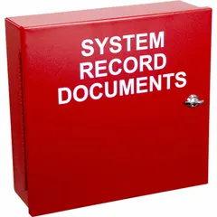 Wall-mount metal enclosure for storing documents such as safety paperwork, emergency procedures, or reference materials. White metal construction with English labeling. Overall dimensions: 12 in height, 12 in width, 4 in depth. Mounting hardware not included.