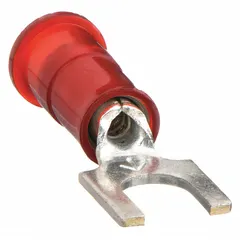 Nylon insulated fork terminal with insulation grip barrel. Fits #6 stud size, accepts 22 AWG to 18 AWG wire, rated 600 V. Block fork design allows connection to studs without removing the nut, suitable for electrical panels and control equipment.