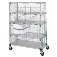Steel medical exchange cart with 5 shelves and 4 swivel casters for maneuverability. Designed for transporting and exchanging medical supplies, instruments, or linens in healthcare facilities.