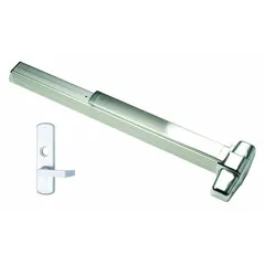 This concealed vertical rod exit device features a touchbar style and is constructed of aluminum. It includes a dummy pull outside trim for pull-only entry from the exterior. Designed for commercial egress applications, it is ADA compliant and suitable for doors up to 3 ft wide.