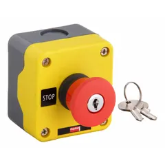 This push-button control station features a red mushroom head push button with Emergency Stop legend. It has one normally closed (1NC) contact and no pilot lights. Used as an emergency stop device in industrial machinery and automation systems.