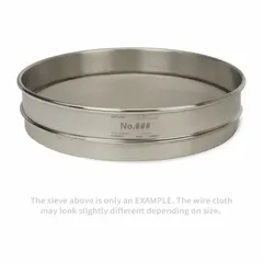 This test sieve features a stainless steel frame and stainless steel screen cloth with a US Standard Screen Size of 3/4 in. It has an outside diameter of 12 in and a height of 2 5/8 in, conforming to ASTM E11 standards. Used for particle size analysis and material classification in laboratory and industrial settings.
