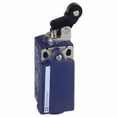 Top-mount roller-plunger limit switch with non-metallic thermoplastic housing and screw clamp terminals. Used for position sensing and control in industrial automation, detecting the presence or absence of moving machine parts such as in conveyors, packaging lines, and material handling equipment.