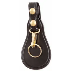 Black leather key holder and pouch for organizing and securing keys. Suitable for belt or pocket carry in security, military, and industrial settings.