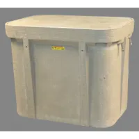 Underground electrical enclosure made of monolithic polymer concrete with an open bottom. Includes a cover marked with an Electric logo. Usable interior dimensions are 33-7/8 by 22-1/4 inches with a depth of 27 inches. Used to house and protect electrical connections, transformers, and splicing equipment in buried utility installations