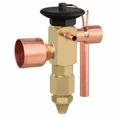 Thermostatic expansion valve for R-410A refrigerant systems. Features a 1 3/8 in female connection, permanent strainer, and field-adjustable superheat adjustment. Used to regulate refrigerant flow into the evaporator in HVAC and refrigeration applications.