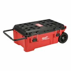 Black/red polymer rolling tool box with latch closure and interior organizer tray. Dimensions: 38 in W x 15 13/16 in H x 12 in D. Part of the modular PACKOUT system for stacking and locking with other units.
