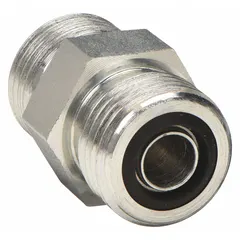 This O-ring face seal steel compression fitting union from the Seal-Lok series connects two 3/4 in OD tubes in high-pressure hydraulic systems. Rated for a maximum operating pressure of 6,000 psi, it provides a leak-free seal in industrial fluid power applications.