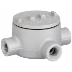 Iron T-shaped conduit outlet body with threaded female hubs for use with threaded IMC. Rated for hazardous locations, includes cover and O-ring. Triple coat epoxy finish. 72 cu in capacity. Complies with CSA C22.2 No. 25.
