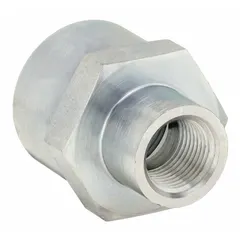 This threaded high-pressure pipe fitting connects two female NPT ports in hydraulic or pneumatic systems. It features a 1 in x 1/2 in configuration with female NPT threads on both ends and a maximum operating pressure of 3,000 psi. Suitable for industrial fluid power and process line applications.