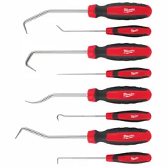 This hook and pick set includes hook, angle, multi-angle, and straight tip configurations made from Chrome Vanadium Steel. It is suited for precision tasks such as retrieving O-rings, gaskets, and small parts, as well as prying or aligning components in tight spaces. The set comes with a plastic storage tray for organization.
