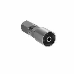 Straight crimp hydraulic hose fitting with male x genderless configuration. Steel construction. 7/16"-20 thread size. Metric x crimp connection type for -4 hose dash size. Used to connect hydraulic hoses to metric ports in fluid power systems.