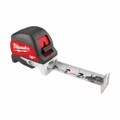 This MILWAUKEE tape measure features a magnetic single hook tip for attachment to metal surfaces, enabling one-person operation. The plastic case is red and the blade displays inch markings. It is designed for measuring distances in construction, carpentry, and industrial settings.