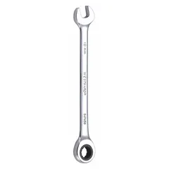 Alloy steel construction with a chrome finish. 10 mm head size, 12-point ratcheting box end for faster fastener turning. Overall length 6 1/8 in. Suitable for tightening or loosening metric bolts in mechanical and industrial settings.