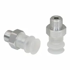 This bellows type vacuum pad assembly is designed for automated material handling in food-safe applications. It features a G1/8 in vacuum port, 1.5 folds, and a 14.5 mm pad diameter. The clear pad provides gentle gripping of delicate or irregularly shaped items in pick-and-place systems.
