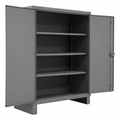 Welded steel cabinet with gray powder-coated finish. Three adjustable shelves. Stationary design with legs. Swing handle and padlock hasp for security. Suitable for organized storage of tools, parts, and equipment in workshops, warehouses, and manufacturing facilities.