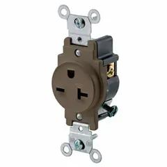 Single general-purpose receptacle with NEMA 6-20 configuration, rated 20 A at 250V AC, 2-pole/3-wire, in brown finish. Suitable for powering equipment, machinery, or appliances requiring a 6-20 connection in commercial and industrial environments.