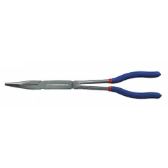 These long-reach bent needle-nose pliers feature a 2 7/8 in jaw length and 1/8 in tip width for precision gripping in confined spaces. The 13 1/4 in overall length provides extended reach, suitable for tasks such as electrical work, assembly, and maintenance where access is limited.