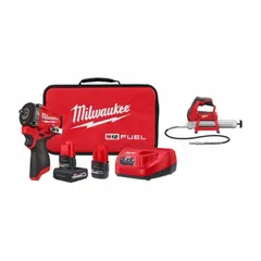 This kit includes a 12V cordless grease gun and impact wrench, both powered by a shared battery system. The grease gun is used for lubricating machinery and equipment, while the impact wrench is designed for fastening and loosening bolts. Suitable for automotive, construction, and industrial maintenance tasks.