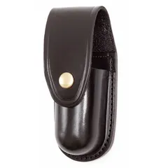 Black high-gloss leather holster with snap closure, designed to carry a standard pepper spray canister. Suitable for law enforcement, security, and personal defense use.