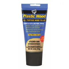DAP Plastic Wood Wood Filler in Golden Oak is a 6 oz tube-type filler for repairing cracks, holes, and defects in wood surfaces. It is paintable and suitable for interior wood projects where a Golden Oak color match is desired.