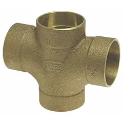 Bronze sweat fitting tee for drain, waste, and vent (DWV) systems. Cup x Cup x Cup connections join three copper tube lines (2 in CTS x 2 in CTS x 1-1/2 in CTS). Used in gravity-flow wastewater and vent piping in residential and commercial plumbing.
