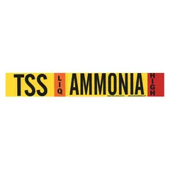 Ammonia adhesive pipe marker for identifying high-pressure LIQ lines in industrial refrigeration systems. Fits pipe outer diameters from 2-1/2 to 7-7/8 inches. IIAR Phase LIQ, High pressure level, with IIAR System Abbreviation TSS. Supplied without arrows.