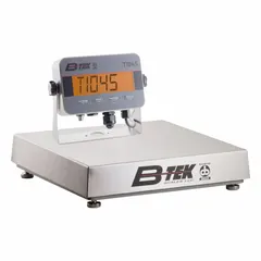 Stainless steel bench scale with corded remote indicator. 24 x 24 in platform, 500 lb capacity, readability 50 g/0.050 kg/2 oz/0.1 lb. IP66 rated for washdown environments. RS-232 port for data output. Suitable for industrial weighing applications requiring remote display.