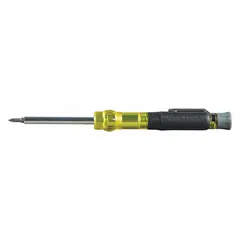 Pocket-sized multi-bit screwdriver with four interchangeable tips: Phillips #0 and #00, and slotted 1/8 in and 5/32 in. Suitable for precision fastening in electrical and electronics work, including small terminals and devices.