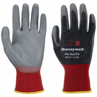 These knit gloves feature a rough polyurethane coating applied in a 3/4 dip pattern, providing abrasion resistance (ANSI Level 3). The silicone-free construction and knit wrist cuff suit dry handling tasks in assembly, metalworking, or glass handling. Gray coating on a red/black knit base. Size M (8)