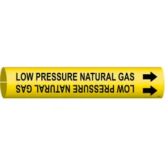 Snap-on pipe marker for identifying low-pressure natural gas lines. Yellow background with black legend text and directional arrows. Fits pipe outer diameters from 3/4 to 1-3/8 inches. Suitable for use in industrial facilities to mark gas piping.