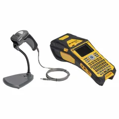 Handheld label printer with 2" print width for cable and wire labeling. Includes battery, AC adapter/battery charger, black ribbon (M61-R4310), and Brady Workstation Product and Wire ID Software Suite. No wireless connectivity.