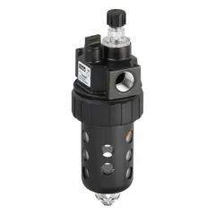 The Parker 06L12BE is a mist-type compressed air lubricator with a 1/4 in NPT connection, 90 cfm flow capacity, and 150 psi maximum operating pressure. It features a plastic bowl and zinc body construction. This lubricator injects a fine oil mist into compressed air systems to lubricate pneumatic tools, cylinders, and valves, reducing wear and extending equipment life in industrial applications.