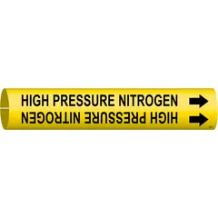Yellow snap-on pipe marker with black legend reading 'High Pressure Nitrogen'. Fits pipe outer diameters of 4 to 6 inches. Includes directional arrows. Used to identify high-pressure nitrogen lines in industrial piping systems.