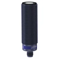 Cylindrical sensor with M30 threaded housing and built-in 5-pin M12 connector. PNP output, 10-30V DC supply. Used for non-contact object detection and distance measurement in industrial automation.