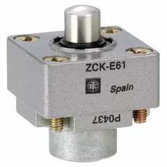 Plunger-type limit switch head with top actuator location and momentary action. Compatible with TELEMECANIQUE SENSORS XCKJ series limit switches. Used for position sensing in industrial automation, such as detecting object presence on machinery, conveyors, and packaging equipment.