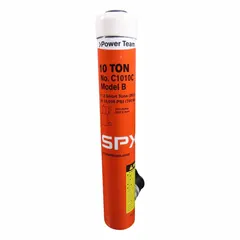 Single-acting hydraulic ram with 10 ton nominal capacity and 10 in nominal stroke length. Suitable for lifting, pressing, and positioning tasks in industrial maintenance, construction, and manufacturing applications.