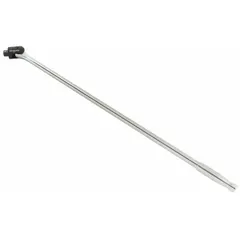 This flex-head breaker bar features a 1/2-inch drive and 18-inch length for increased torque when loosening tight fasteners. The flex head allows access in confined spaces. Constructed from alloy steel with a chrome finish and a smooth grip handle.