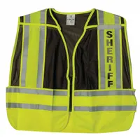 This ANSI Class 2 safety vest is constructed of polyester with a zipper closure. The brown/green color scheme is suited for law enforcement and security personnel during patrol, traffic control, and other outdoor duties requiring high visibility