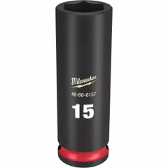 Metric 15 mm deep impact socket with 3/8" drive and 6-point design. Friction retention holds the socket on the anvil. Black Phosphate finish. Used for fastening and loosening nuts and bolts in automotive, construction, and industrial applications.