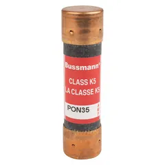 CSA-certified time-delay fuse rated 35 A at 250 V AC. Part of the BUSSMANN PON series. Provides overcurrent protection with a time-delay characteristic to accommodate inrush currents from motors, transformers, and lighting circuits.