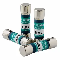 The LITTELFUSE FLM.300 is a midget, time-delay cylindrical fuse rated at 300 mA, 250 V AC, and 125 V DC. It measures 13/32 in x 1 1/2 in and is part of the FLM Series. Typical applications include overcurrent protection in control panels, motor circuits, and lighting systems where delayed response to inrush currents is required.
