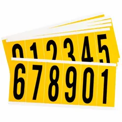 Permanent character set with 3-inch Gothic black numbers 0-9 on yellow non-reflective background. 25-piece kit for indoor/outdoor use. Not self-spacing/aligning. Suitable for identification of equipment, panels, pipes, and storage areas.