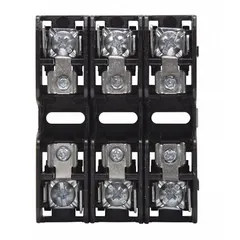 3-pole open-block fuse holder for midget fuses rated 600 V AC. Features pressure plate and quick-connect terminals for secure wiring. Used in control panels, motor circuits, and power distribution to mount and connect fuses.