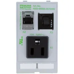 Panel interface insert combining one NEMA 1-15 AC socket rated 125 V with one RJ45 CAT5e data port. Includes a single 3A fuse for overcurrent protection. Designed for mounting in control panels, machinery, and enclosures to consolidate power and data connections through a single opening.